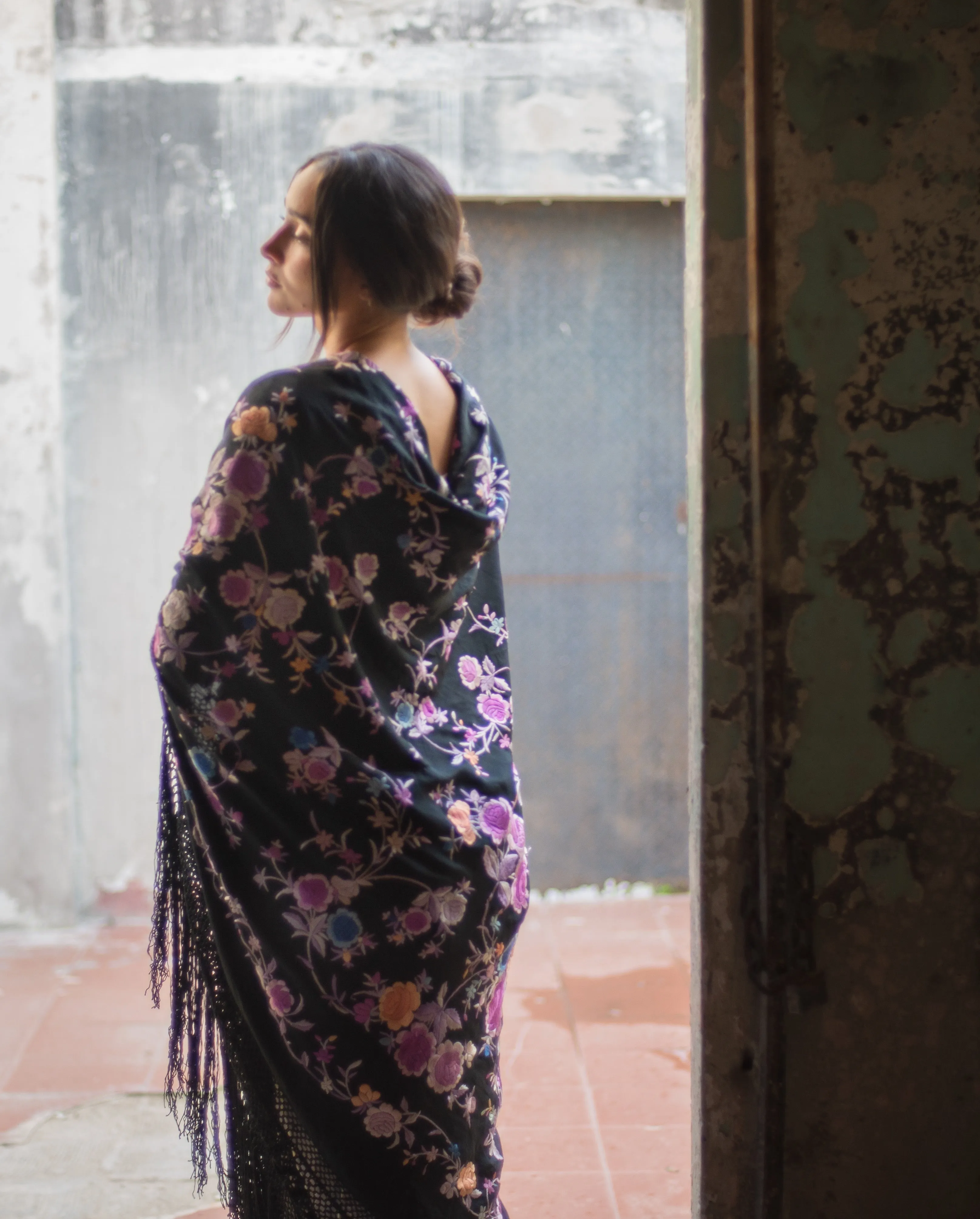 1920s silk hand embroidered lavender rose piano shawl, 220x220cm