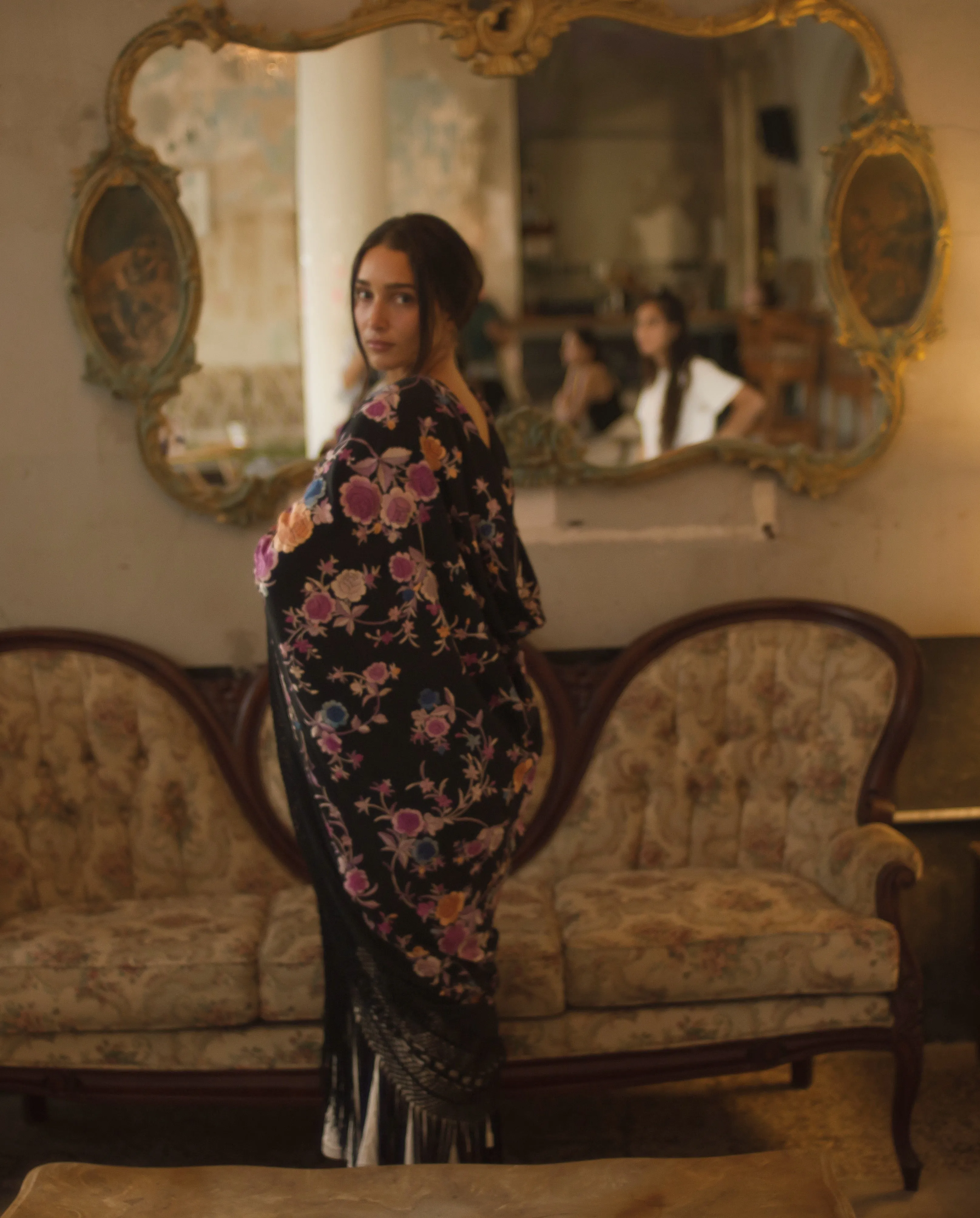 1920s silk hand embroidered lavender rose piano shawl, 220x220cm