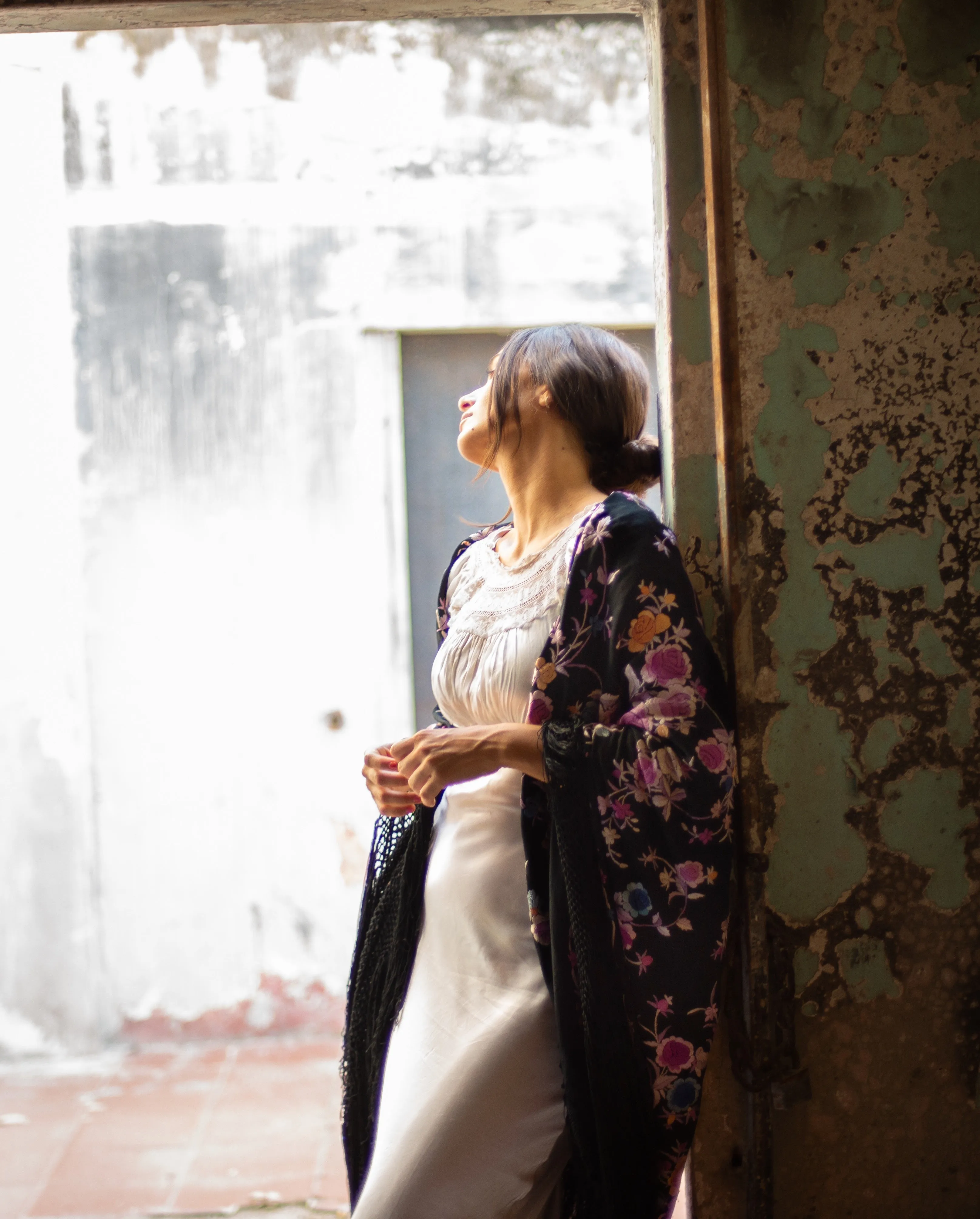 1920s silk hand embroidered lavender rose piano shawl, 220x220cm