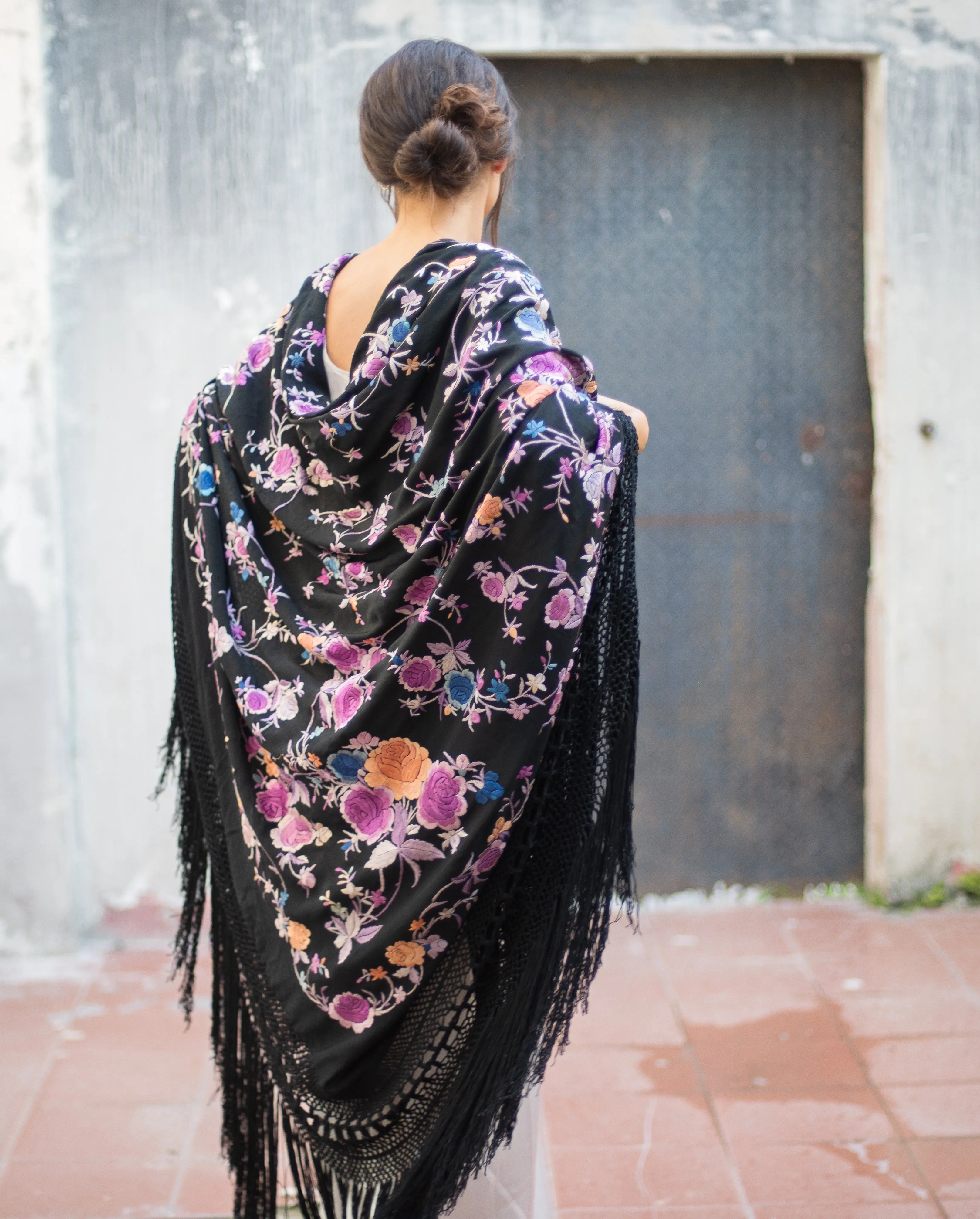 1920s silk hand embroidered lavender rose piano shawl, 220x220cm