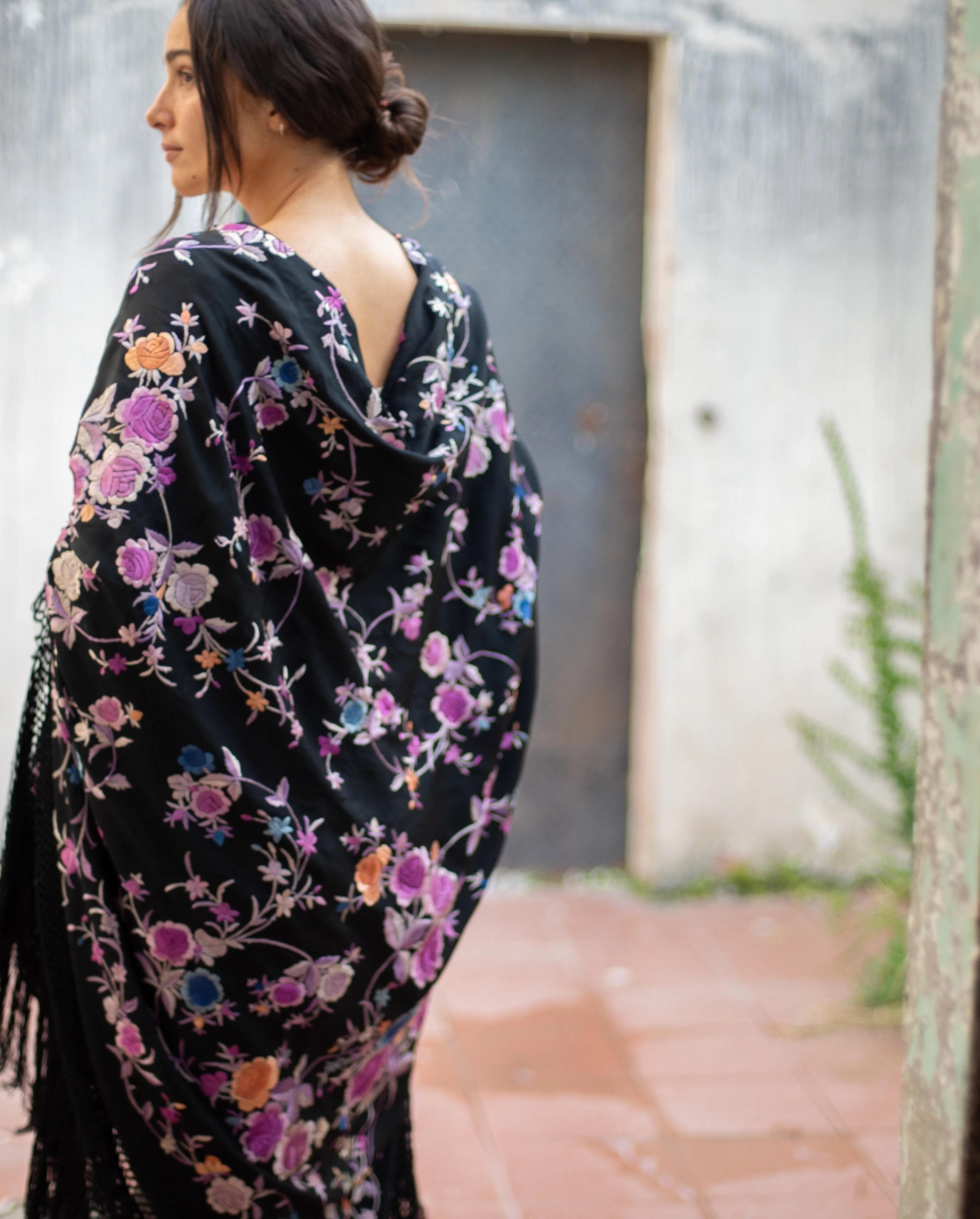 1920s silk hand embroidered lavender rose piano shawl, 220x220cm