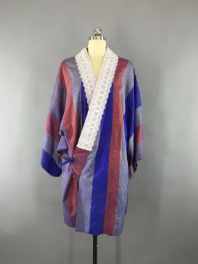 1960s Vintage Silk Haori Kimono Cardigan Jacket Wrap Coat with Blue and Maroon Stripes