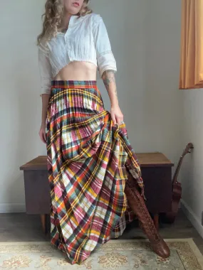 1970s Plaid Pleated Wool Maxi Skirt 27” waist