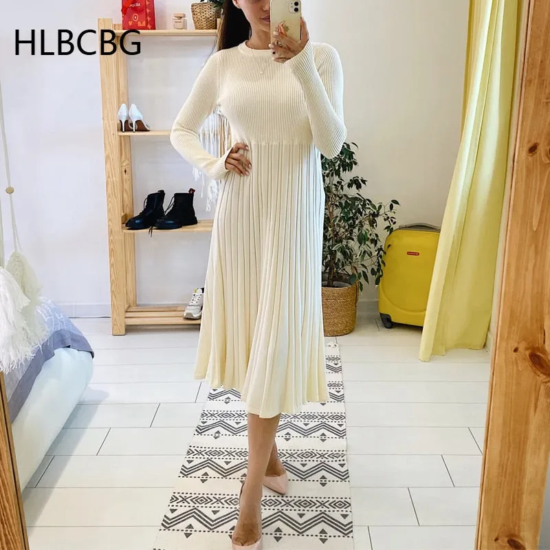 2022New Chic Women Long Knit Maxi Sweater Dress Autumn Winter Knitted A Line Dress Ribbed Thick Christmas Pullover Party Dresses