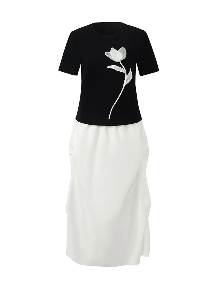 3D Rose T-Shirt And Ruched Skirt Two-Piece Set