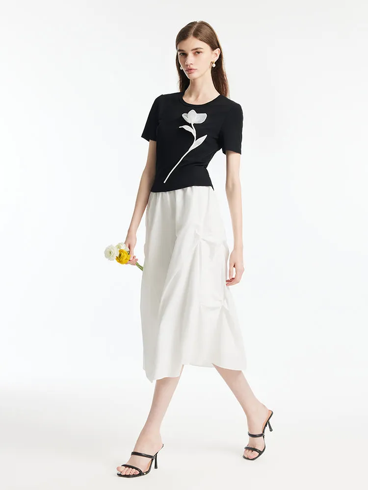 3D Rose T-Shirt And Ruched Skirt Two-Piece Set