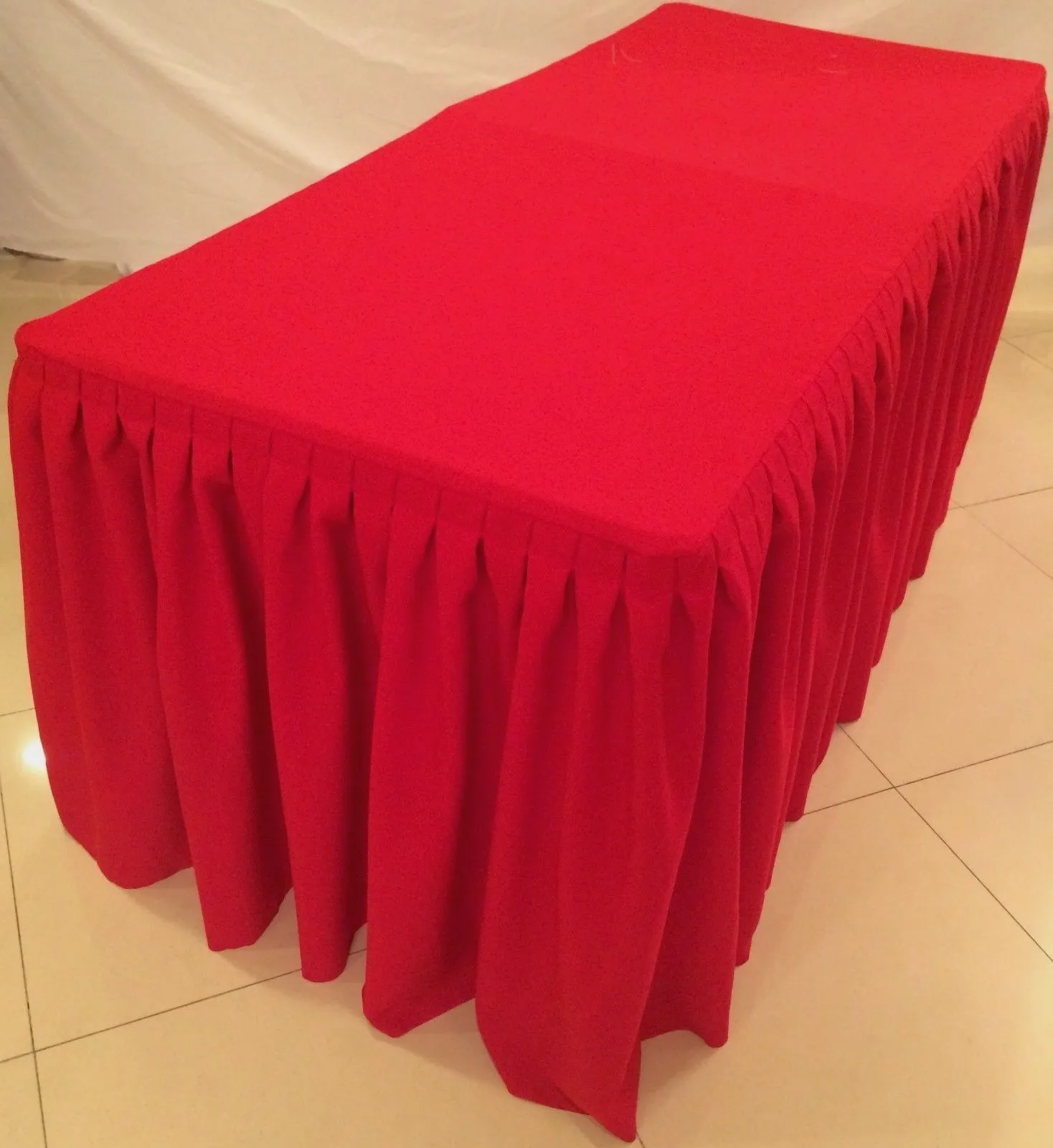 4' Ft. Fitted Polyester Double Pleated Table Skirt Cover W/top Topper Events Red"