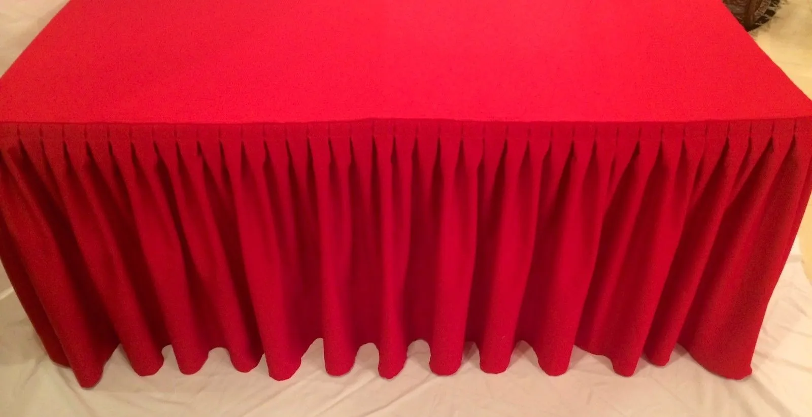 8' Ft. Fitted Polyester Double Pleated Table Skirt Cover W/top Topper Shows Red"