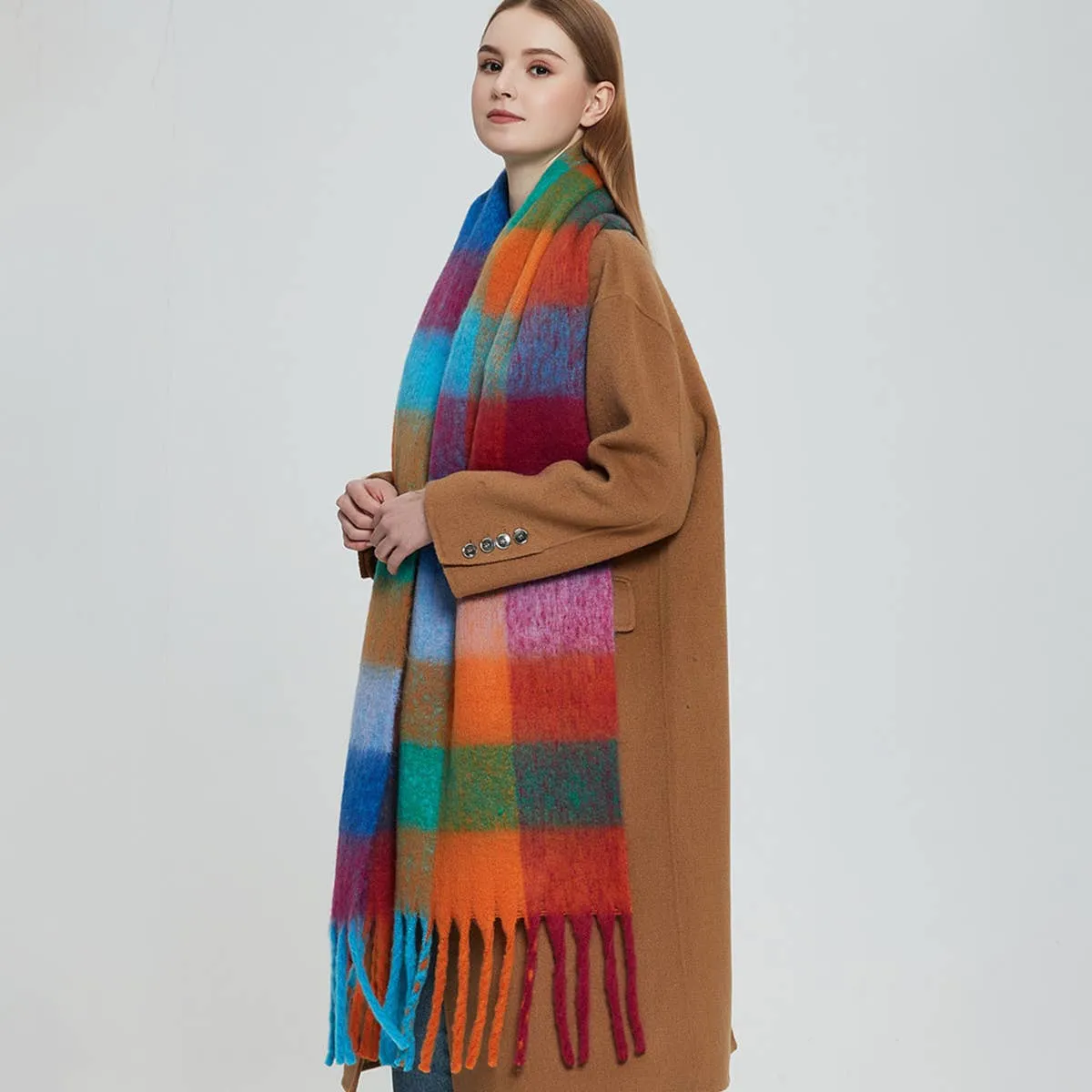 ACCITY | PLAID PATTERN FRINGE TRIM WINTER SCARF: BLACK