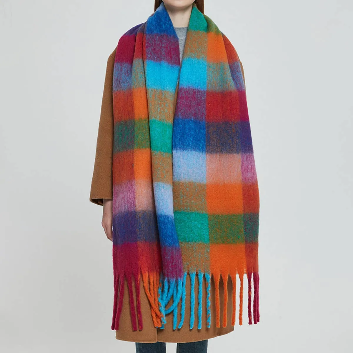 ACCITY | PLAID PATTERN FRINGE TRIM WINTER SCARF: BLACK