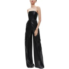 Alice and Olivia Womens Emelda Faux Leather Cargo Jumpsuit