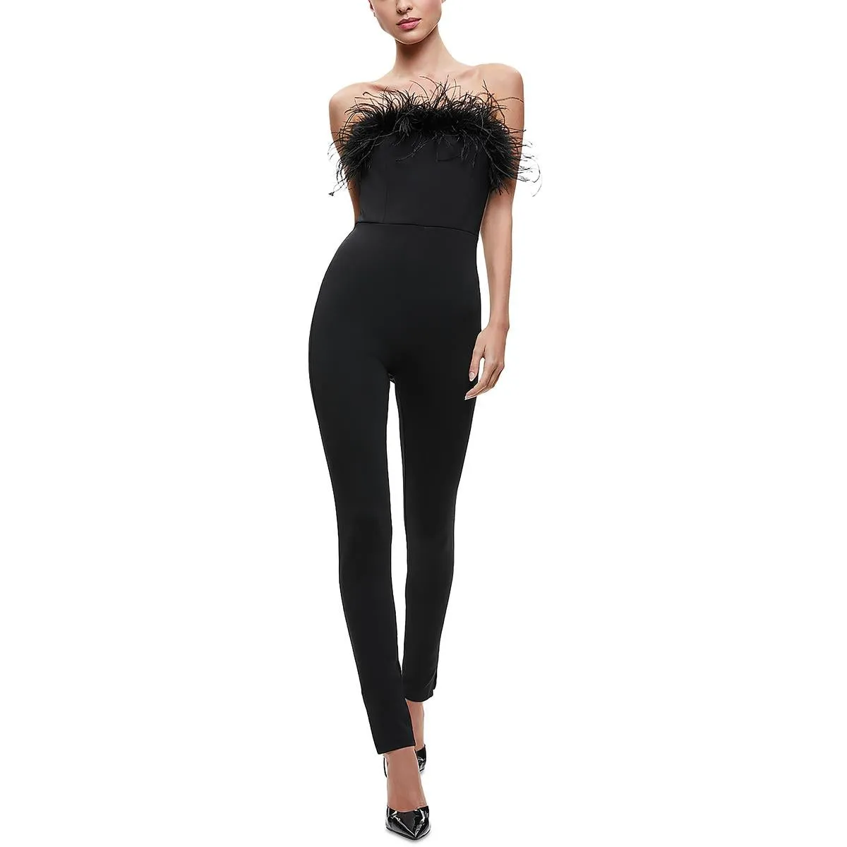 Alice and Olivia Womens Feathered Trim Off-Shoulder Jumpsuit