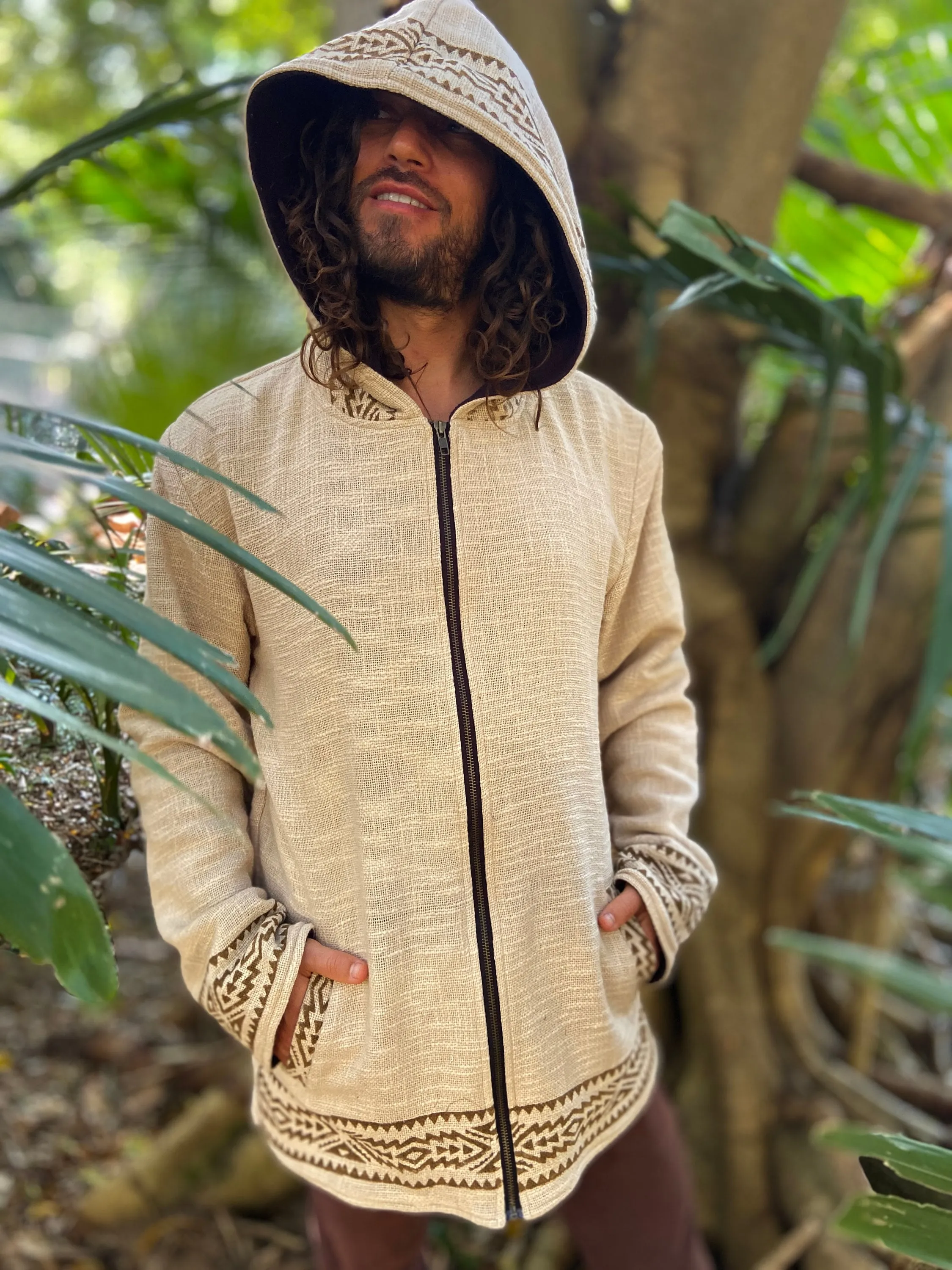 AMAGUK Beige Hooded Mens Fleece Jacket Hoodie Jumper Large Hood Block Printed Tribal Geometric Pattern Primitive Festival Alternative AJJAYA