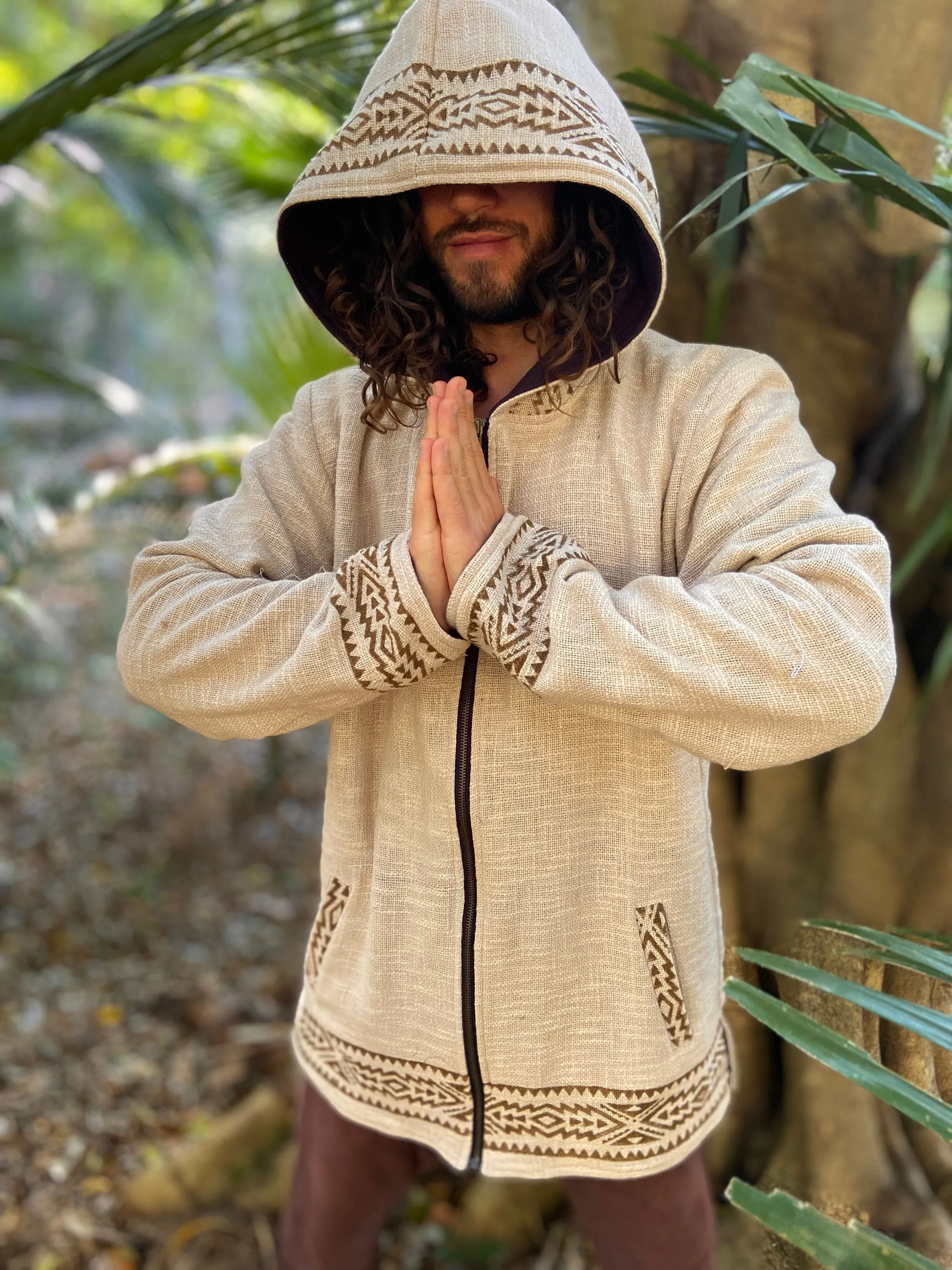 AMAGUK Beige Hooded Mens Fleece Jacket Hoodie Jumper Large Hood Block Printed Tribal Geometric Pattern Primitive Festival Alternative AJJAYA