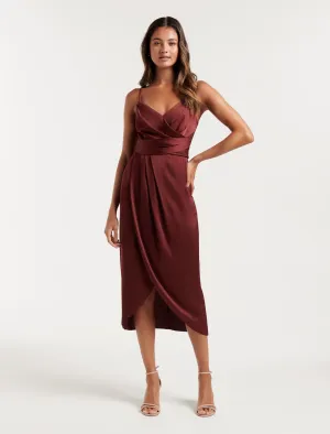 Amanda Petite Drape Satin Midi Dress