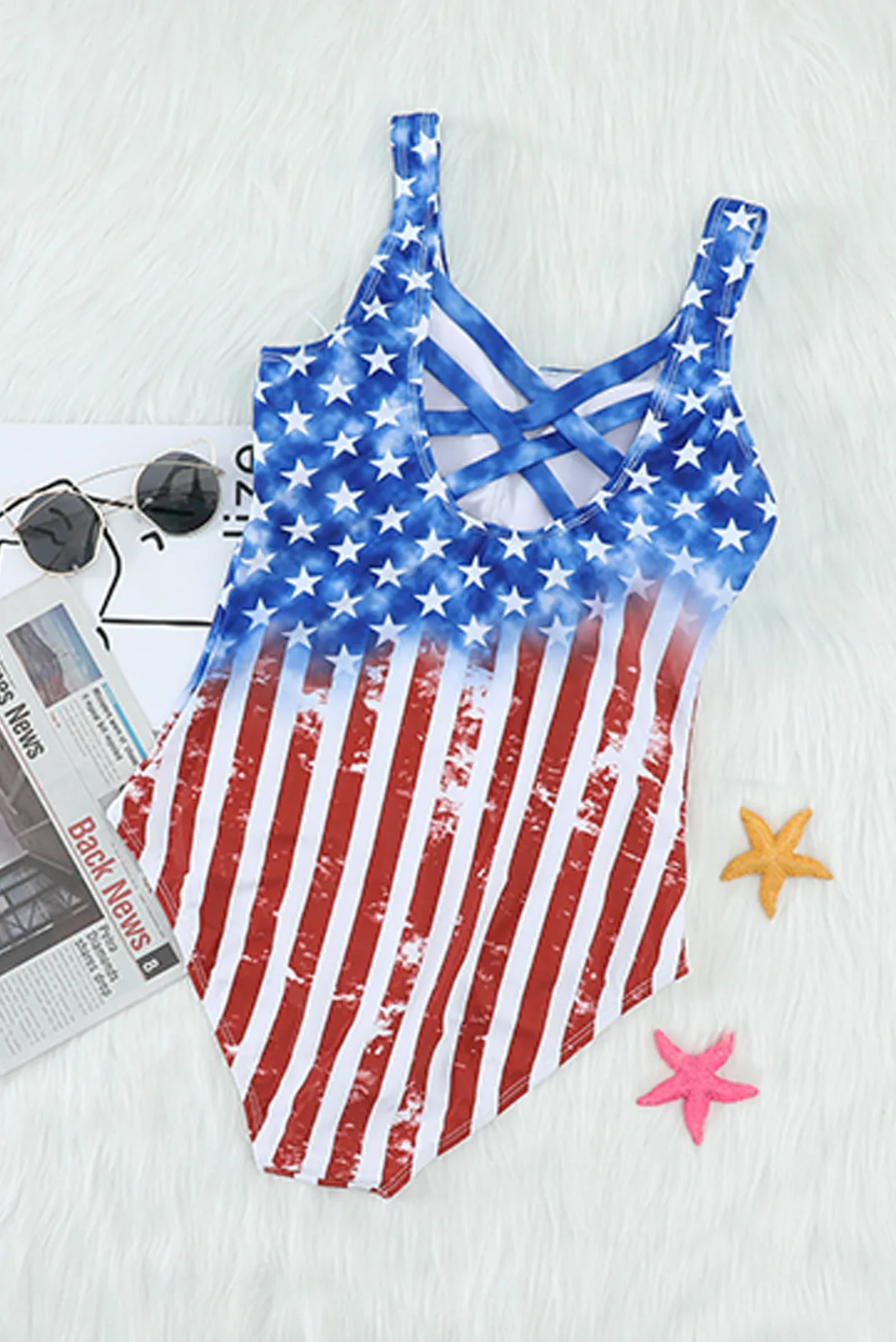 American Flag Criss Cross One Piece Swimsuit