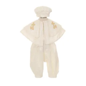 Baby Boys Ivory Silk Cross Cape Hat Baptism Romper Jumpsuit 6-12M