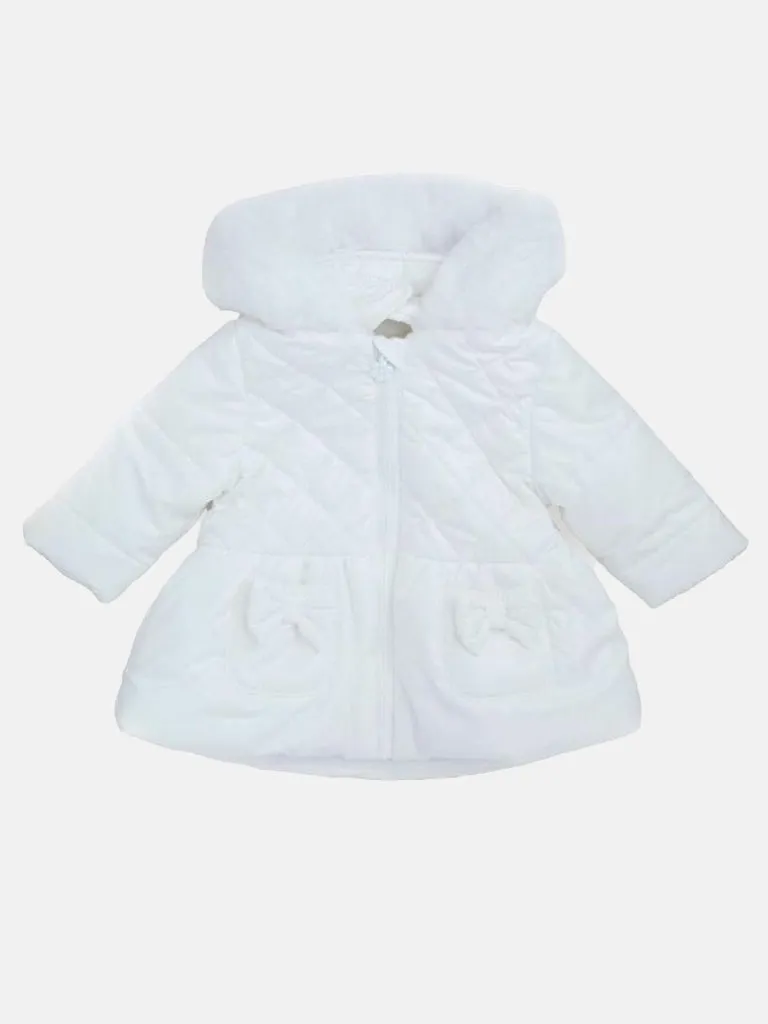 Baby Girl Melia Glossy Bow with Fur Hooded Jacket - White