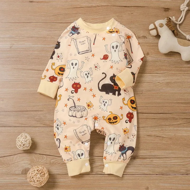 Baby Halloween Pumpkin Black Cat Ghost Print Long Sleeve Jumpsuit