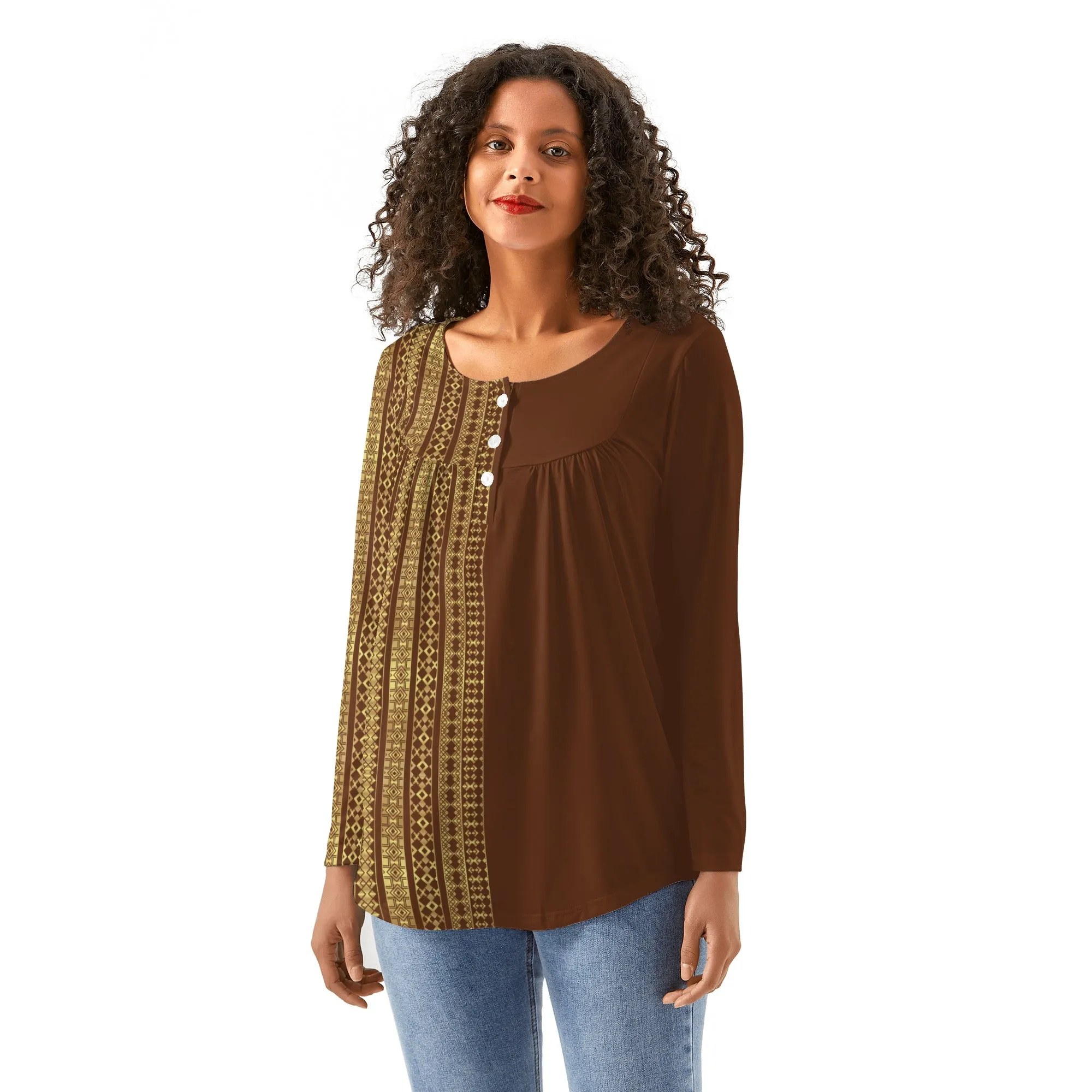 Babydoll Pattern Velvet Brown Casual Neck Top