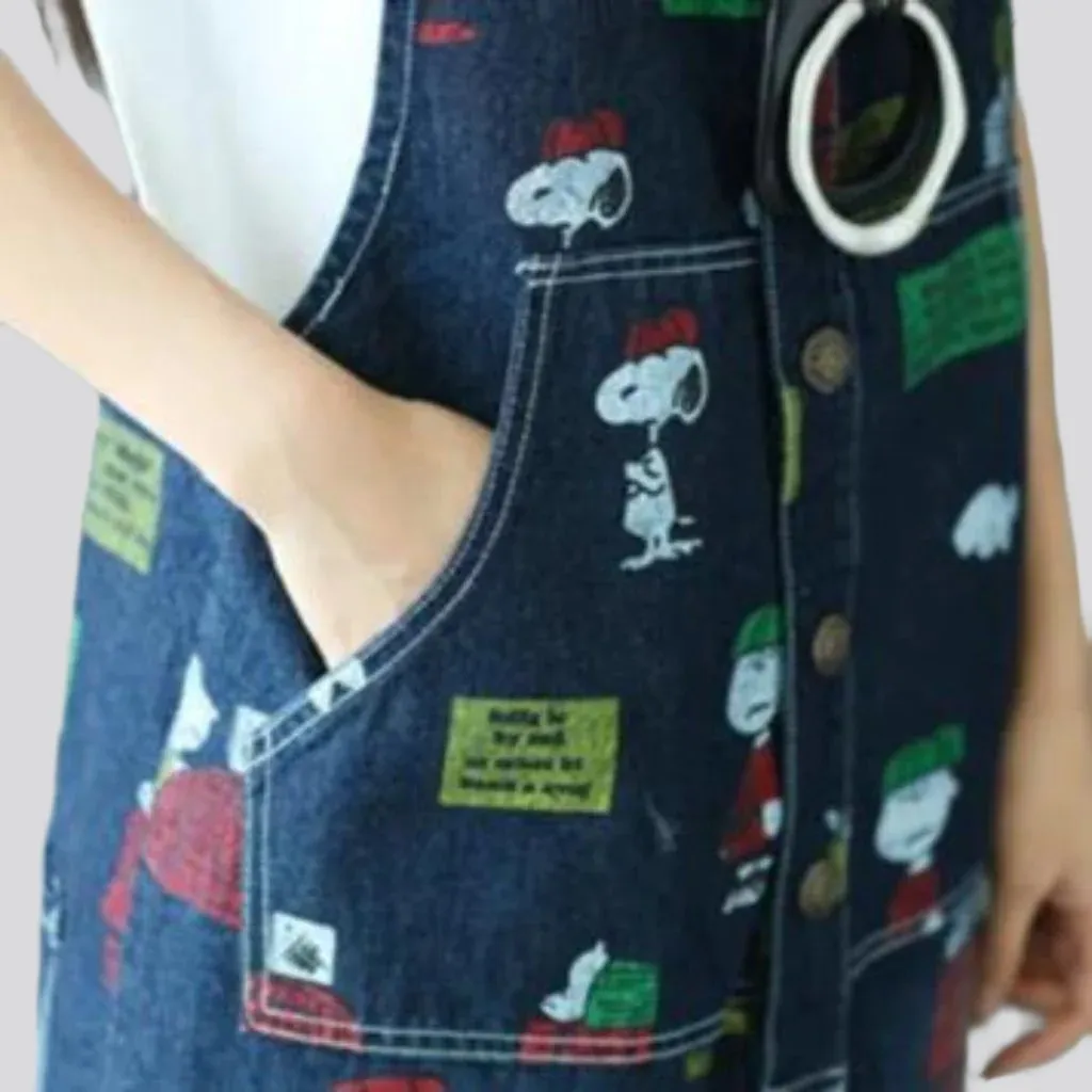 Baggy cartoon print denim jumpsuit for women