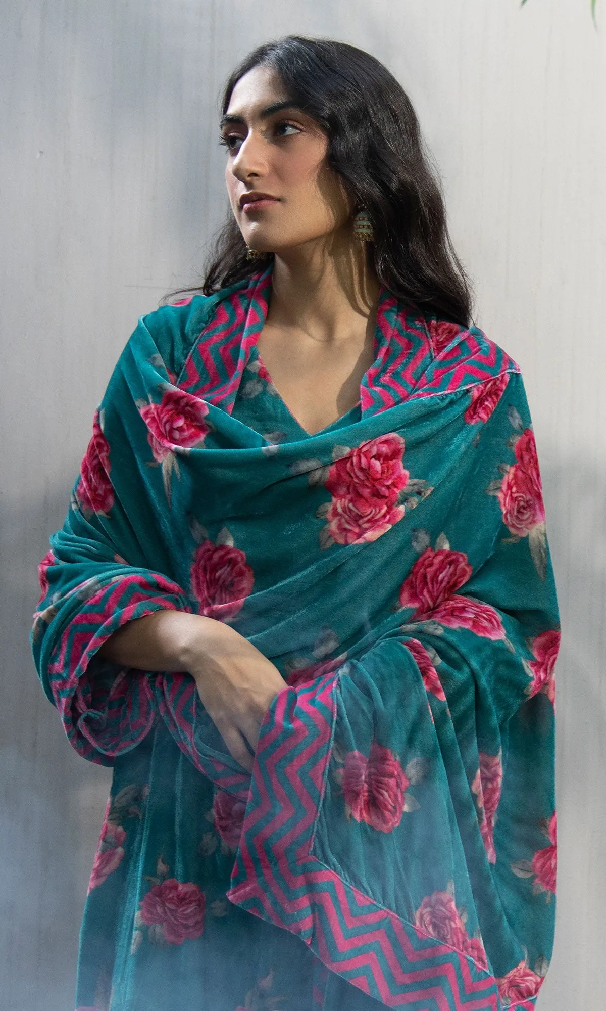 Bareen Teal floral shawl