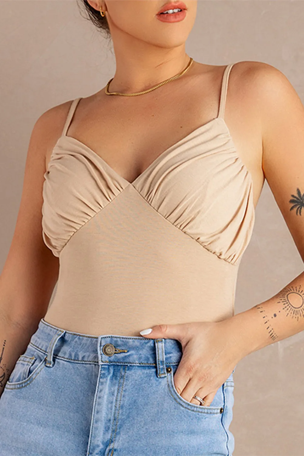 Beige Ruched Spaghetti Strap V Neck Bodysuit Top