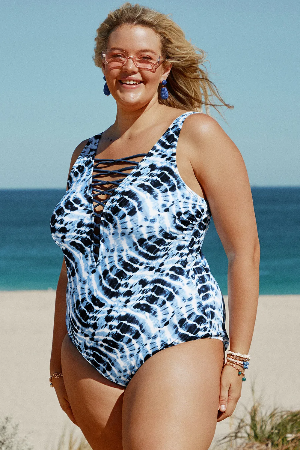 Beige Strappy Tie-Dye Plus Size One Piece Swimsuit