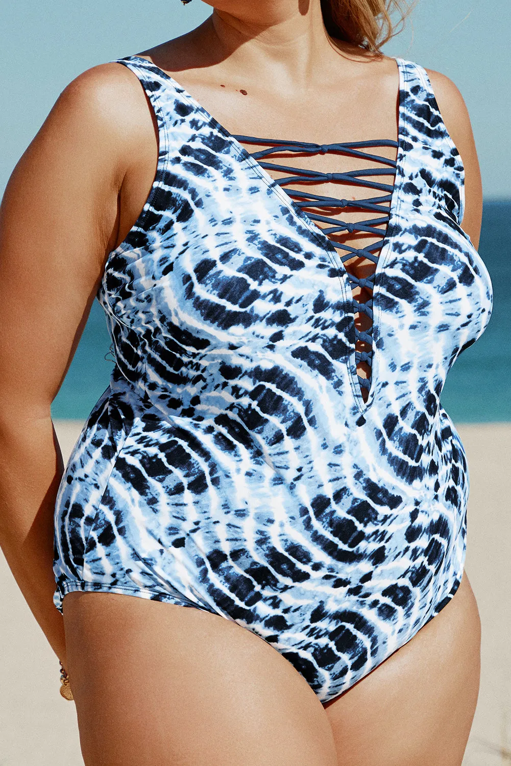 Beige Strappy Tie-Dye Plus Size One Piece Swimsuit