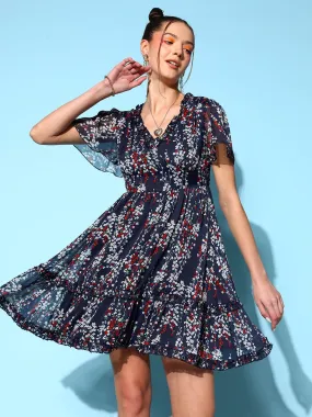 Berrylush Women Navy Blue & White Floral Printed V-Neck Crepe Woven Flared A-Line Mini Dress