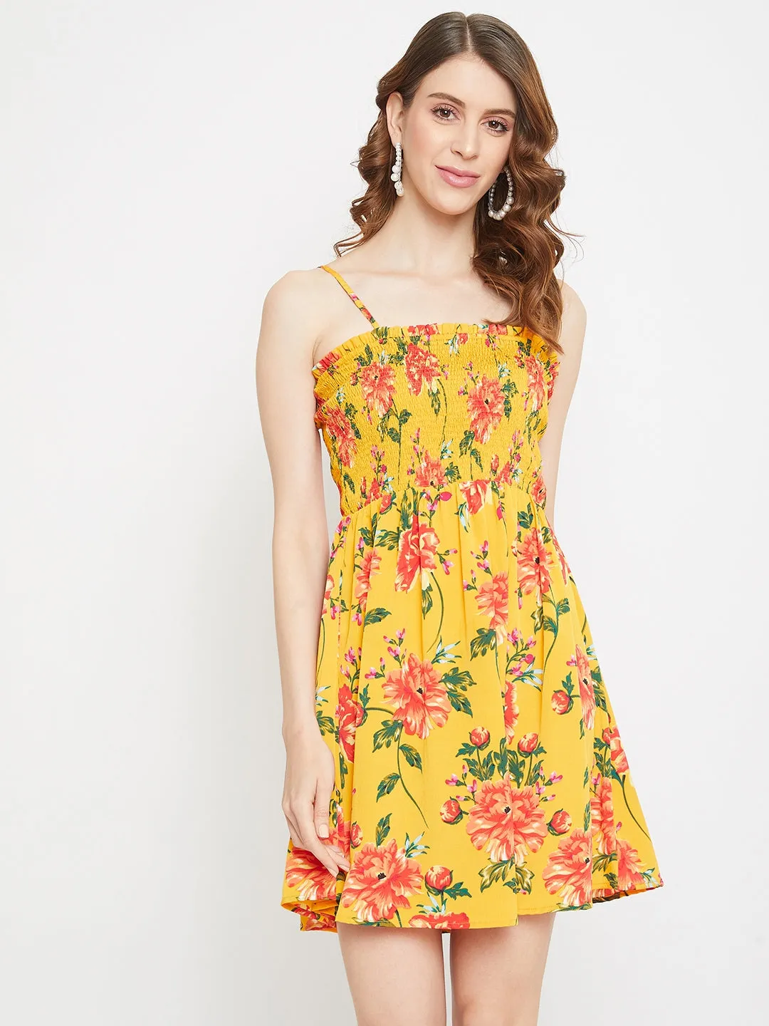 Berrylush Women Yellow Floral Off-the-shoulder Smocked Mini Dress