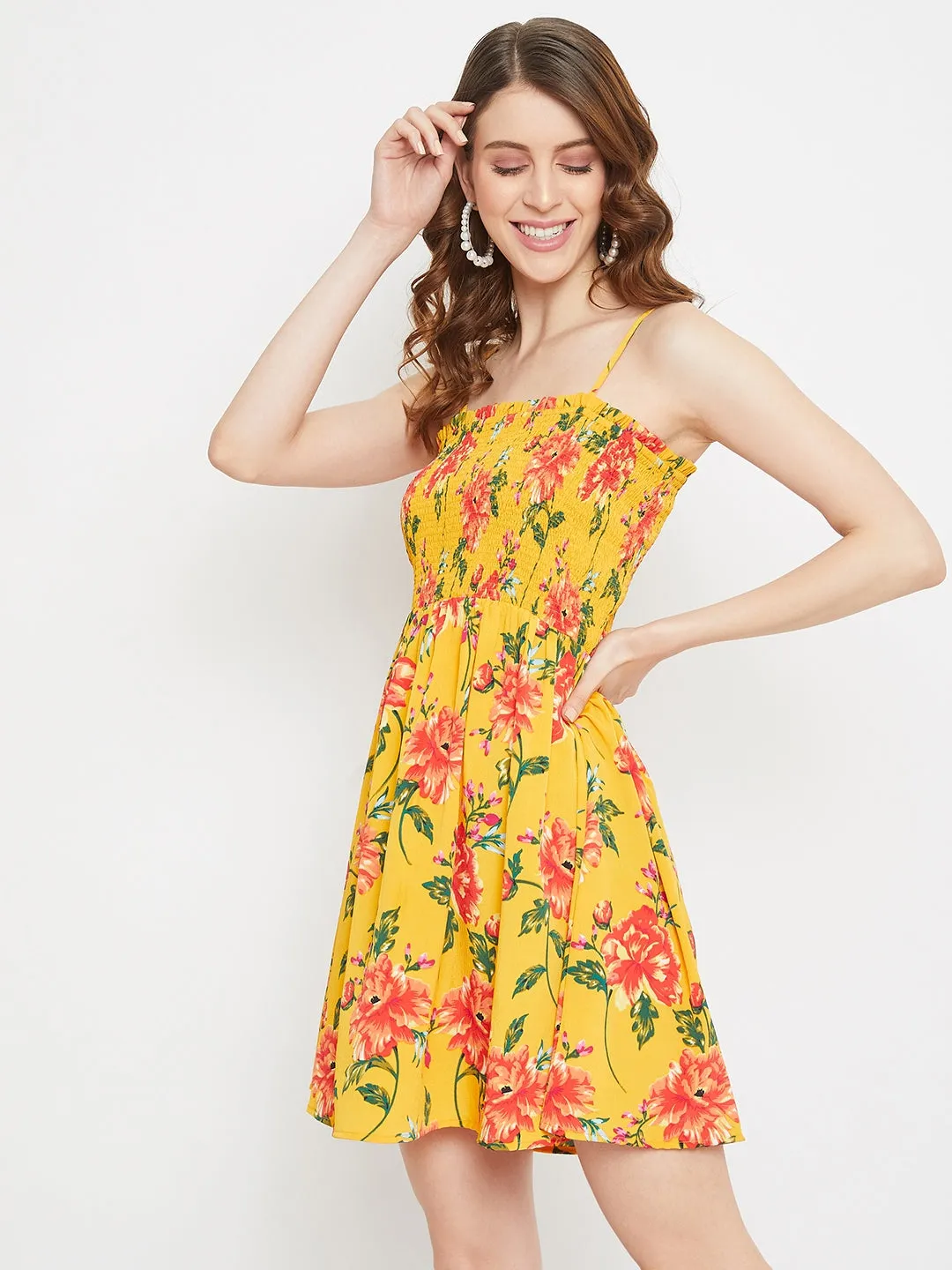 Berrylush Women Yellow Floral Off-the-shoulder Smocked Mini Dress