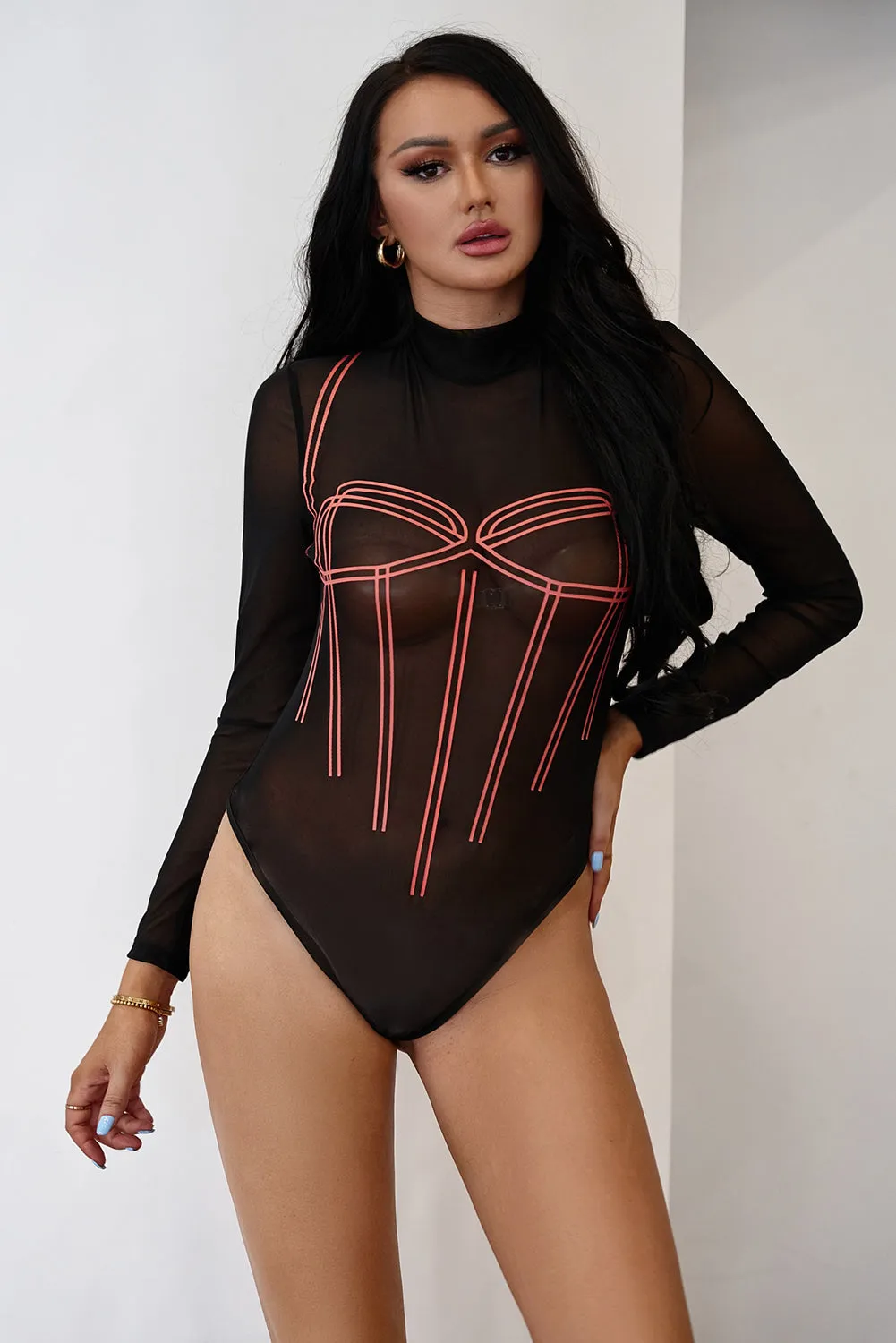 Black Abstract Print Mesh Bodysuit Top