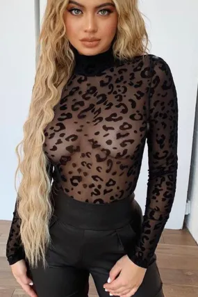 Black Animal Print Mock Neck Bodysuit Top