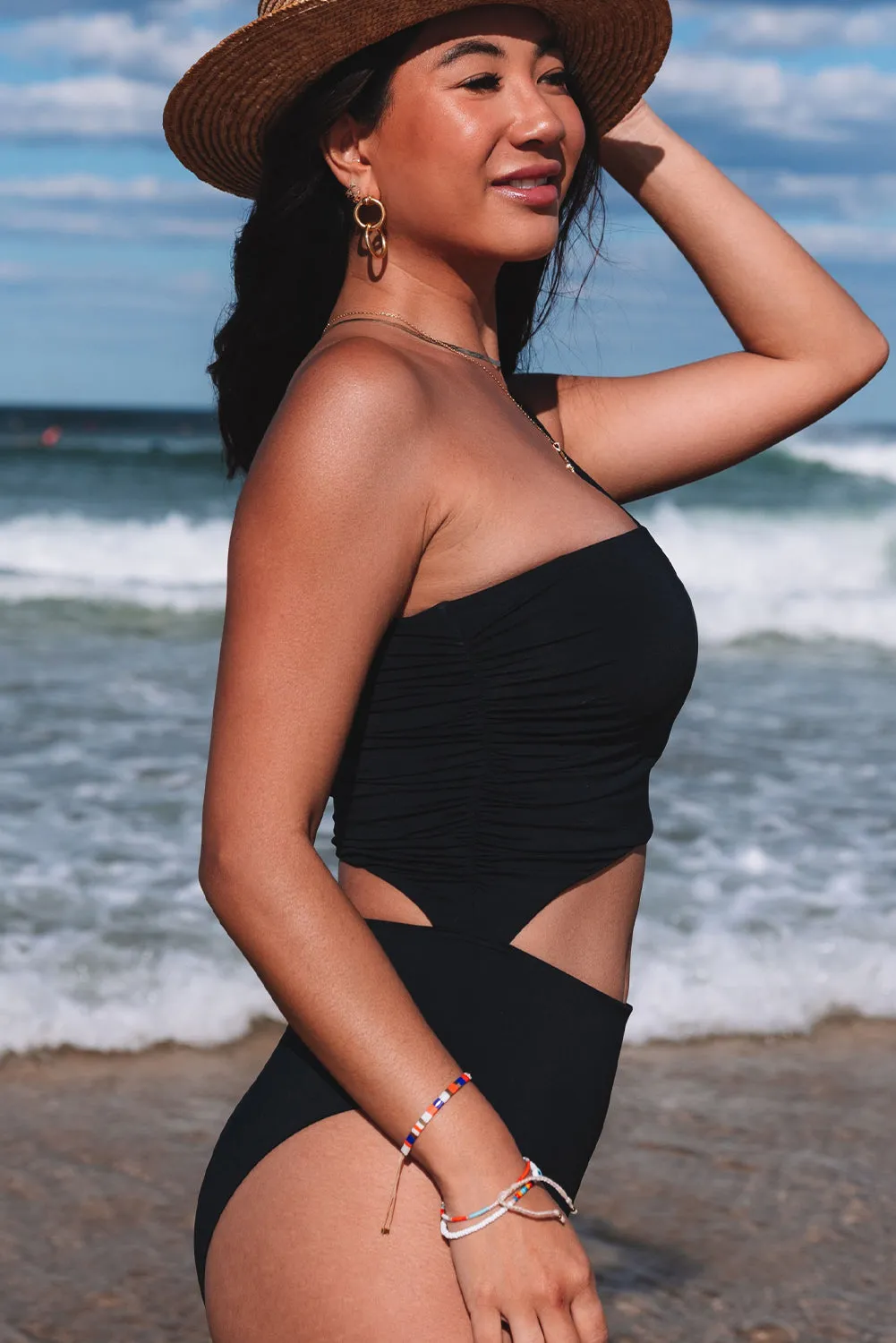 Black Bare Shoulder Cut-out One Piece Swimsuit