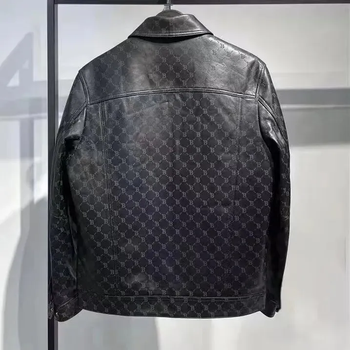 Black Geometric Pattern PU Leather Jacket