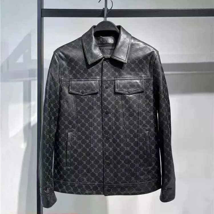 Black Geometric Pattern PU Leather Jacket