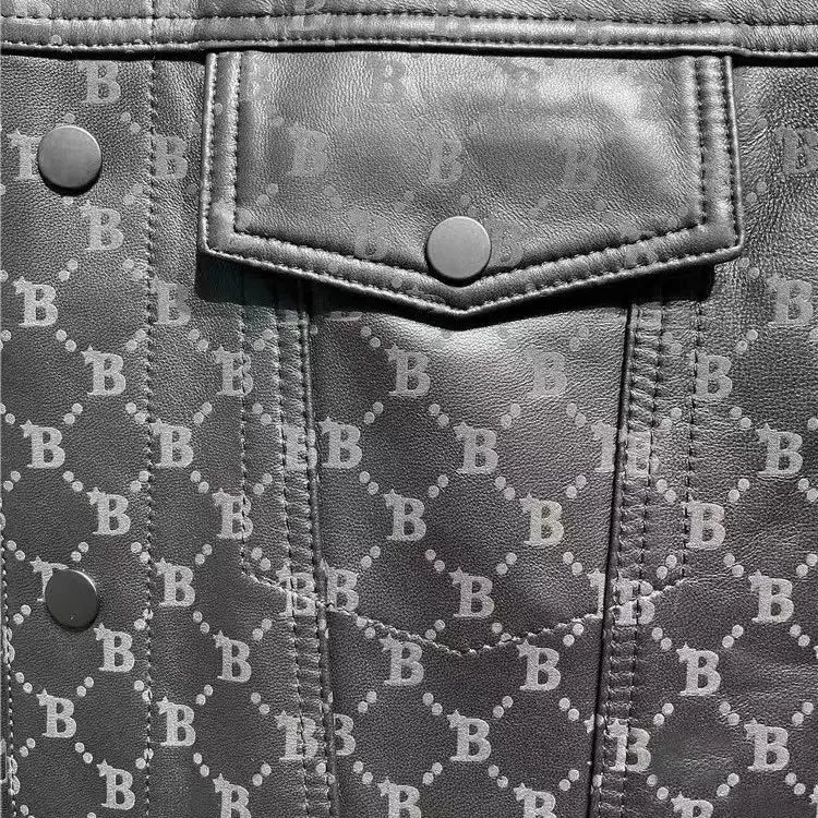 Black Geometric Pattern PU Leather Jacket