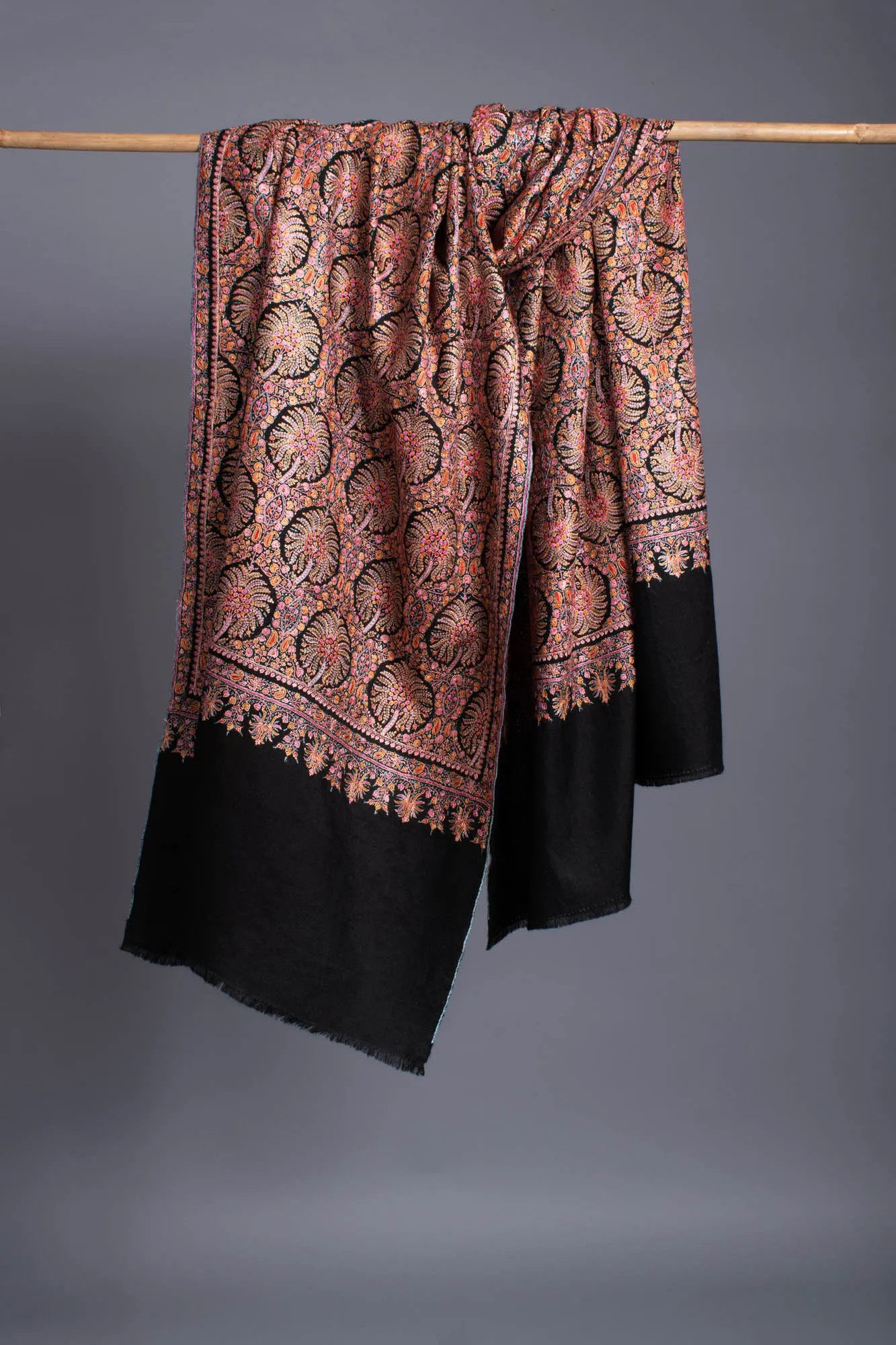 Black Silk Embroidered Pashmina Shawl - ABBAS