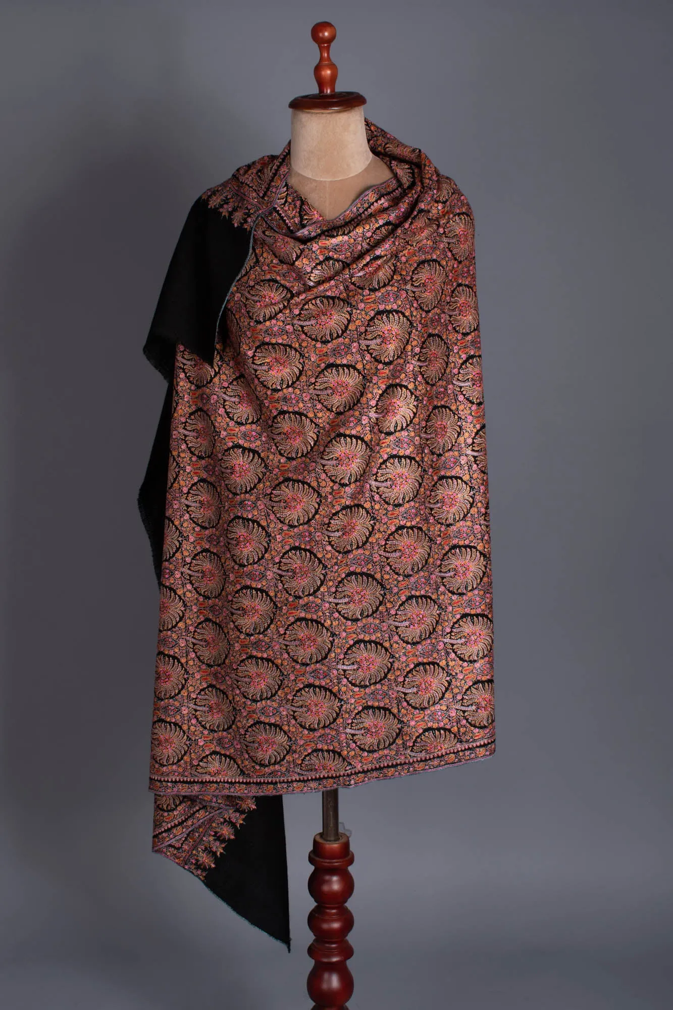 Black Silk Embroidered Pashmina Shawl - ABBAS