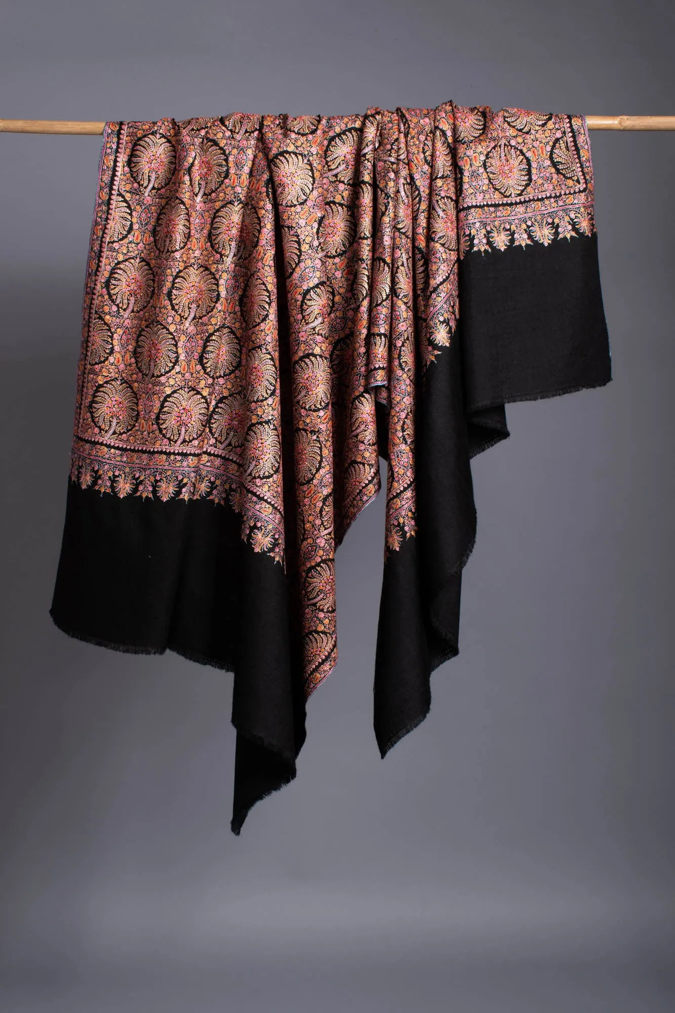 Black Silk Embroidered Pashmina Shawl - ABBAS