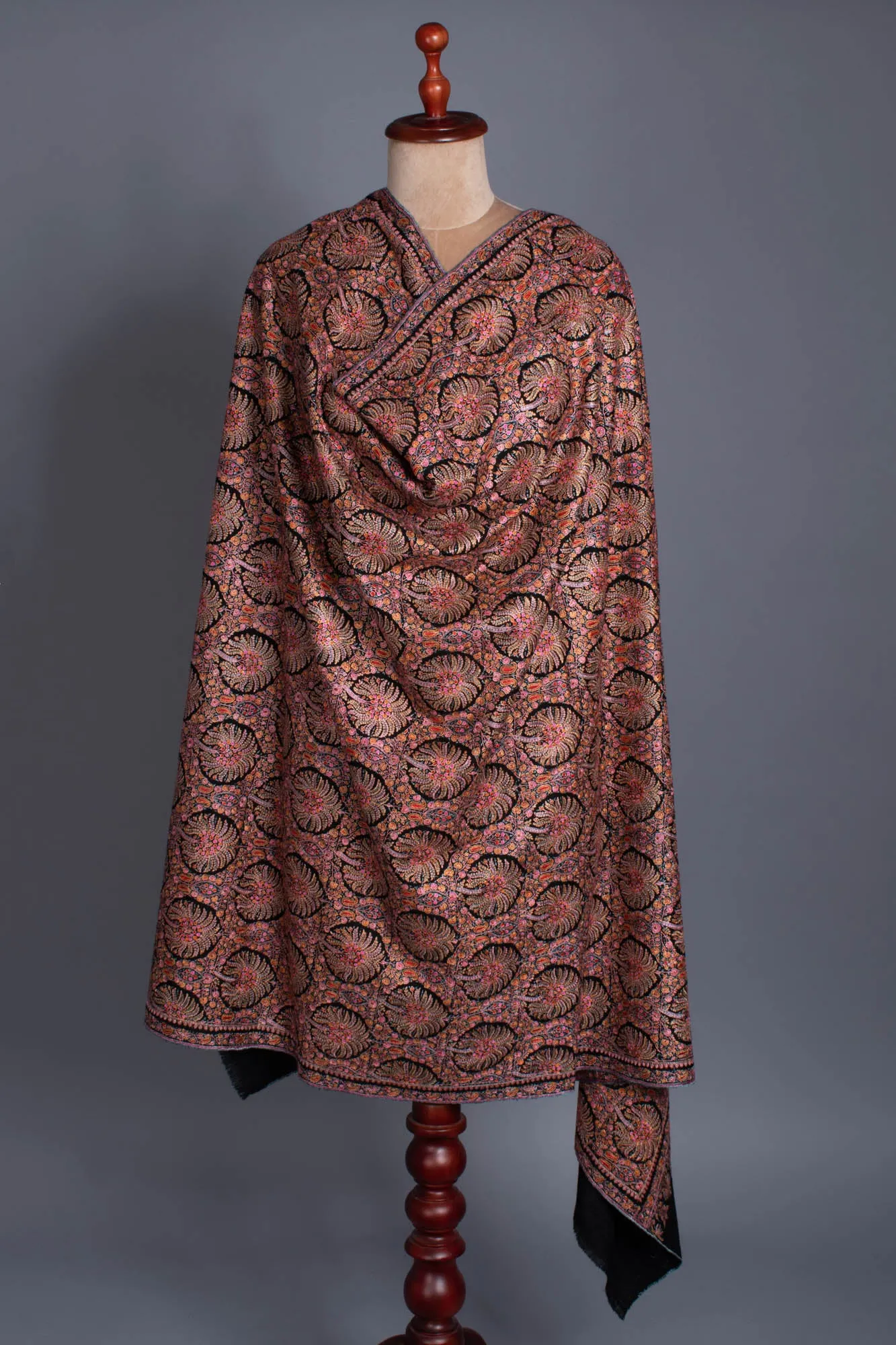 Black Silk Embroidered Pashmina Shawl - ABBAS