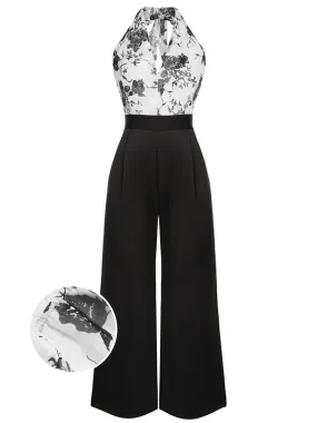 Black White 1930s Floral Halter Strap Jumpsuit