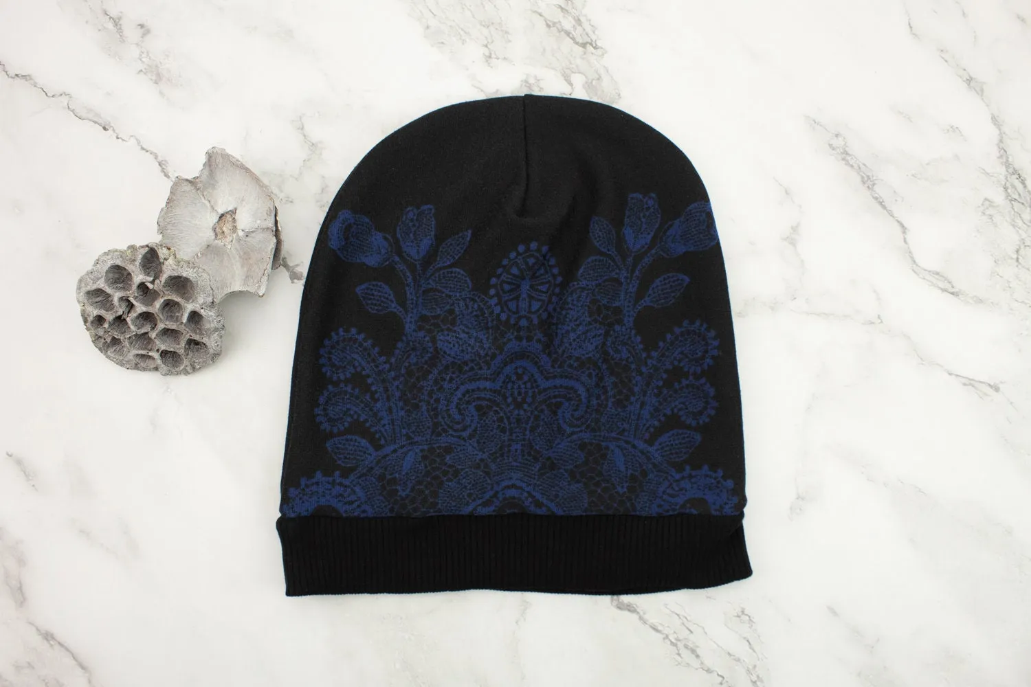 Blue and Black Asymmetrical II Lace Print Slouchy Beanie