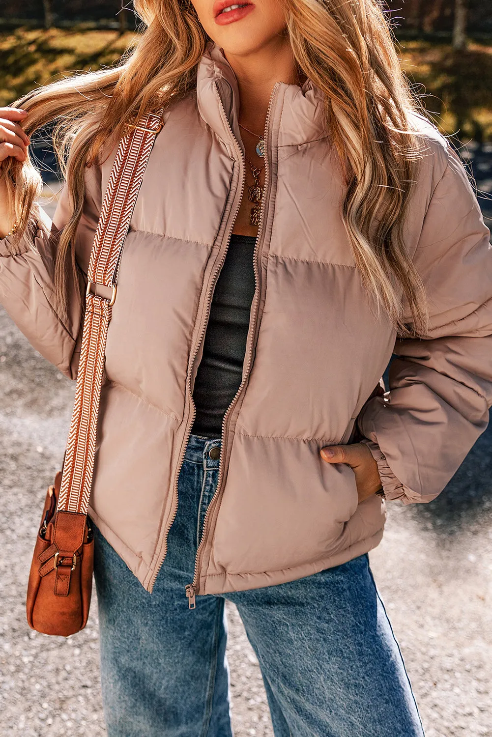 Blue Zone Planet |  Apricot Pink Full Zipper Quilted Puffer Jacket