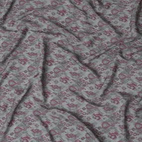 Boho Chic Viscose Crepe Fabric - Eclectic Grey & Pink Pattern, 110cm Width (India)  - D17644