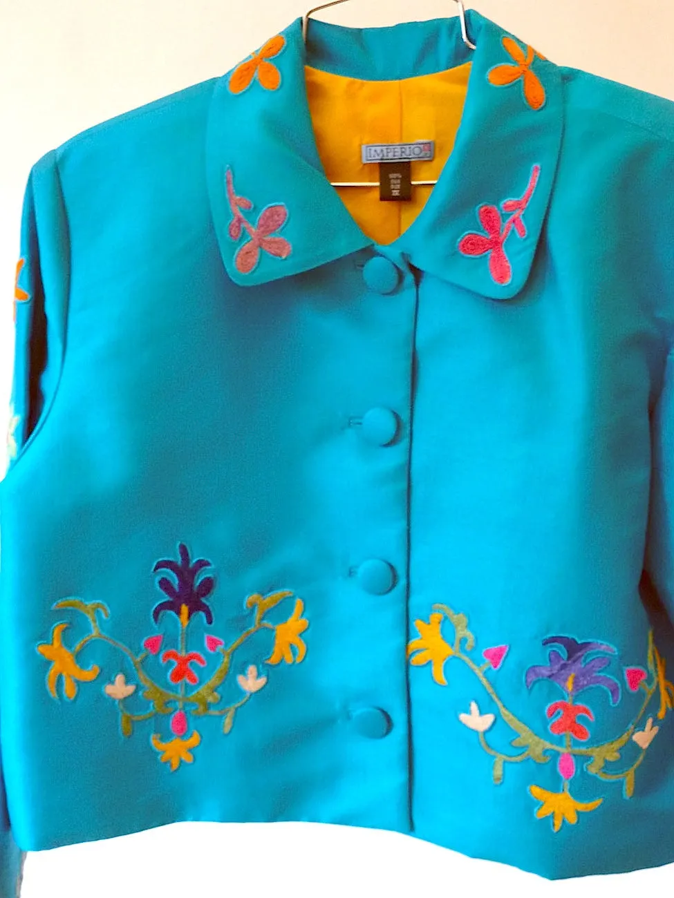 Box Jacket Vintage Suzani Embroidery Turquoise Yellow