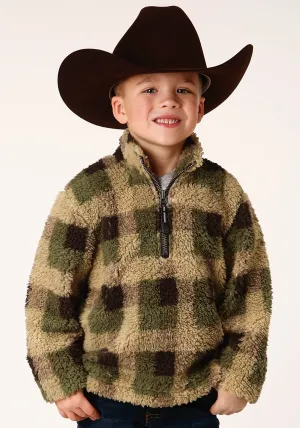 BOYS POLAR FLEECE  GREEN BROWN CHECK PRINT PULLOVER