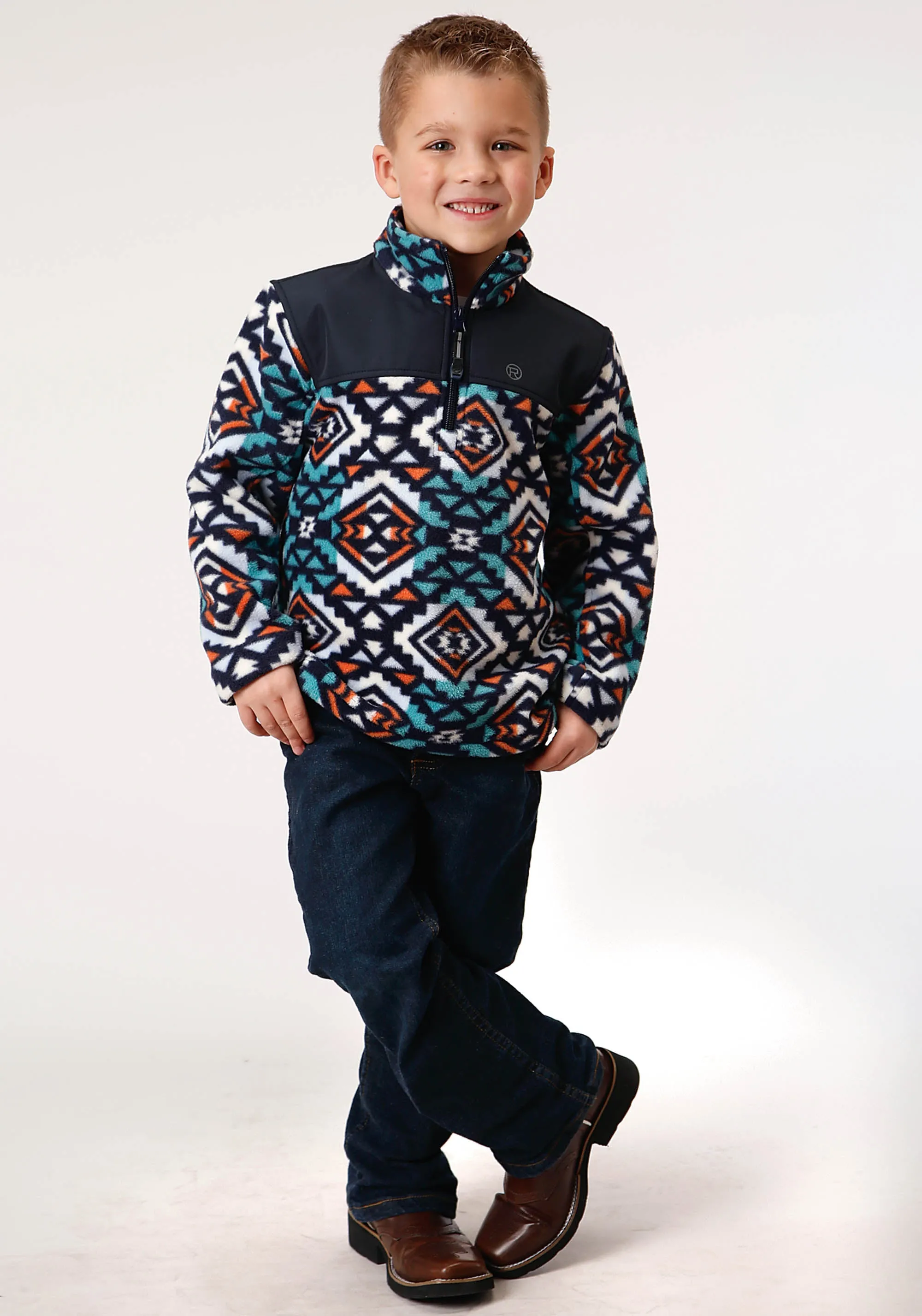 BOYS POLAR FLEECE  NAVY AZTEC PRINTED PULLOVER