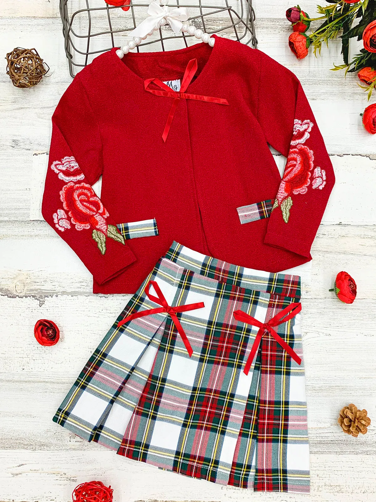 Bring Me Presents Cardigan And Plaid Pleated Skirt Set